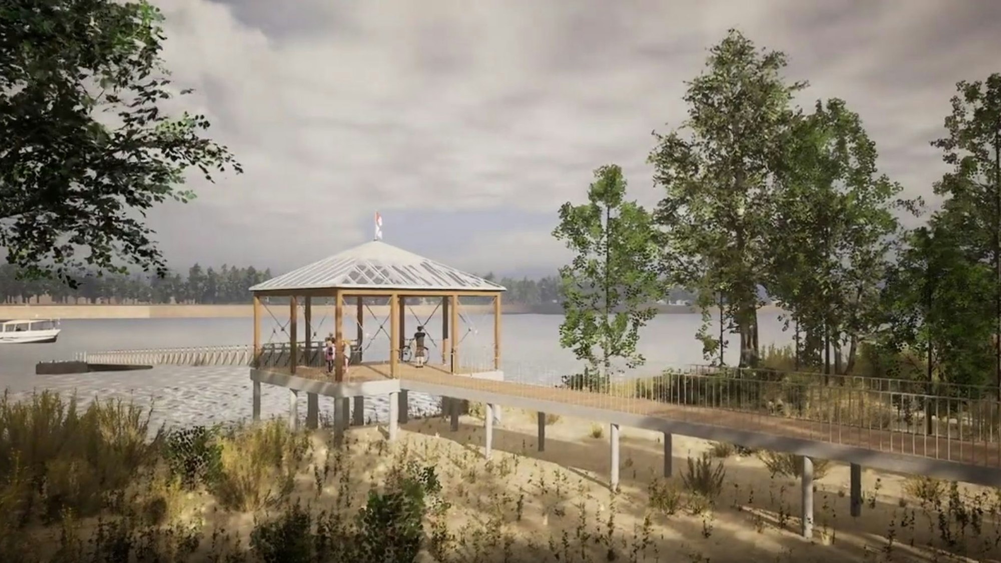 Ein Schiff fährt über den Rhein an einen Anleger.