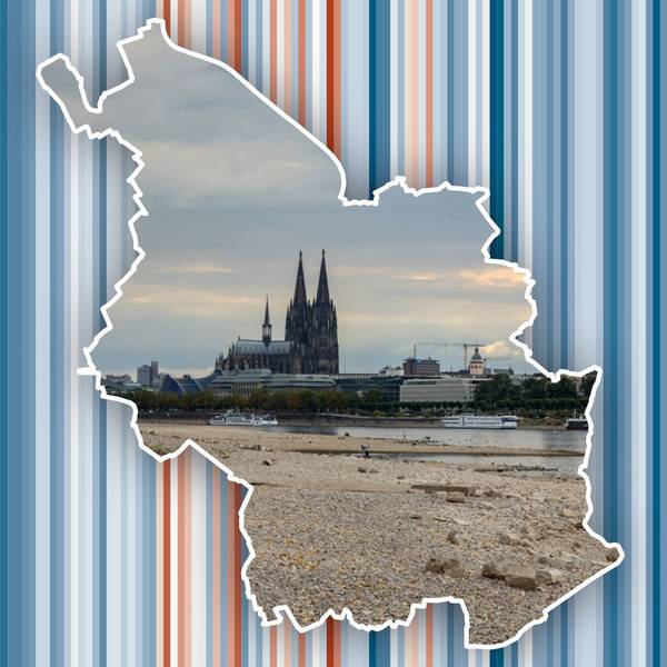 Die Grafik zeigt Temperaturabweichungen zum jährlichen Mittelwert und im Umriss von Köln ein Bild des Rheins mit Niedrigwasser und dem Kölner Dom.