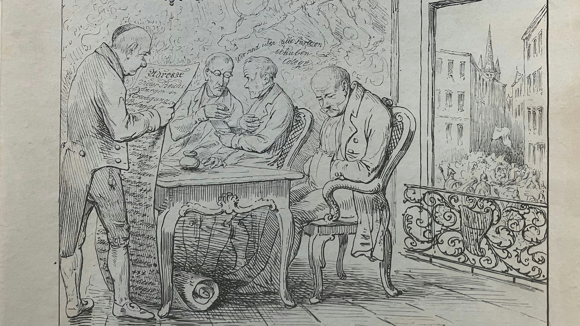 Ein Stich von 1848: Kölner Stadtverordnete lethargisch im Rathaus, auf dem Alter Markt stürmen die Massen heran (r.).