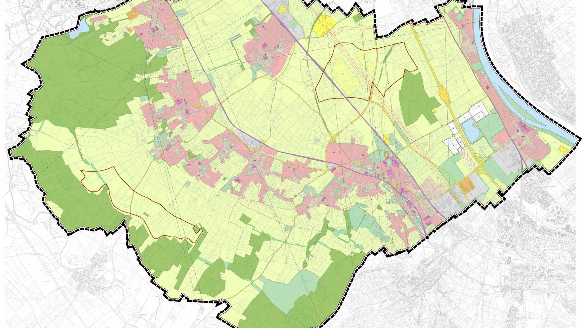 Karte zum Teilflaechenplan Windenergie: Braun umrandet sind auf dieser Karten die beiden Windkraftzonen oberhalb der Bornheimer Höhenorte und in der Rheinebene.
