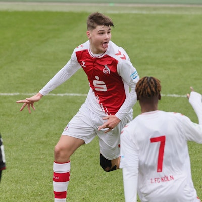 1.FC Köln U19 vs. Bayer Leverkusen U19, A Junioren Bundesliga West, Jaka Cuber Potocnik 1. FC Köln jubelt über sein Tor zum 1:0, 04.03.2023, Bild: *** Sport 1 FC Köln U19 vs Bayer Leverkusen U19, A Junioren Bundesliga West, Jaka Cuber Potocnik 1 FC Köln cheers for his goal to make it 1 0, 04 03 2023, pic.