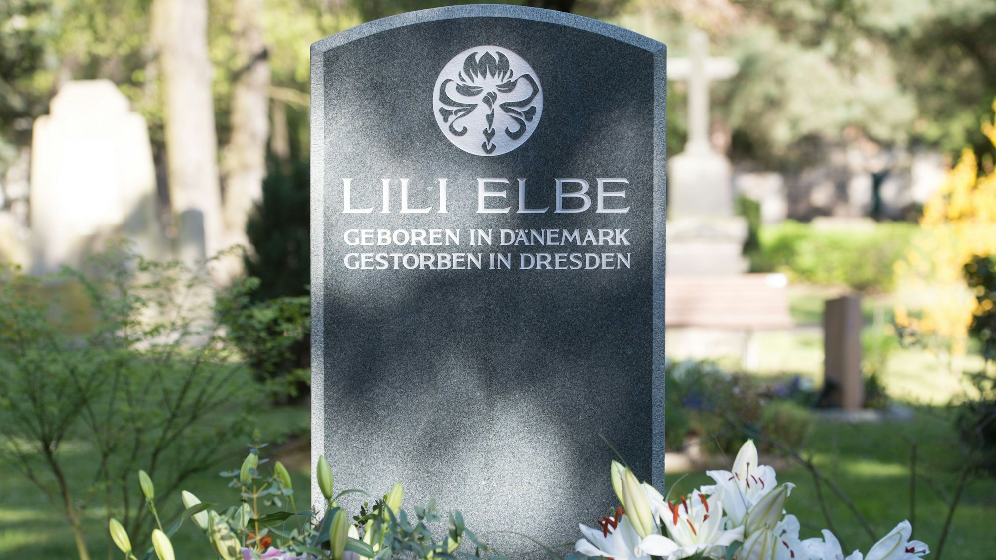 Der Grabstein der Malerin Lili Elbe, aufgenommen auf dem Trinitatisfriedhof.