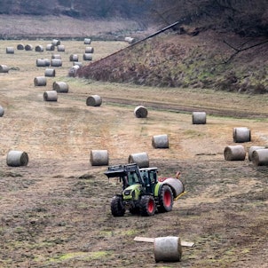 In der Steinbachtalsperre tätigt ein Landwirt im Auftrag der e-regio Mäharbeiten.