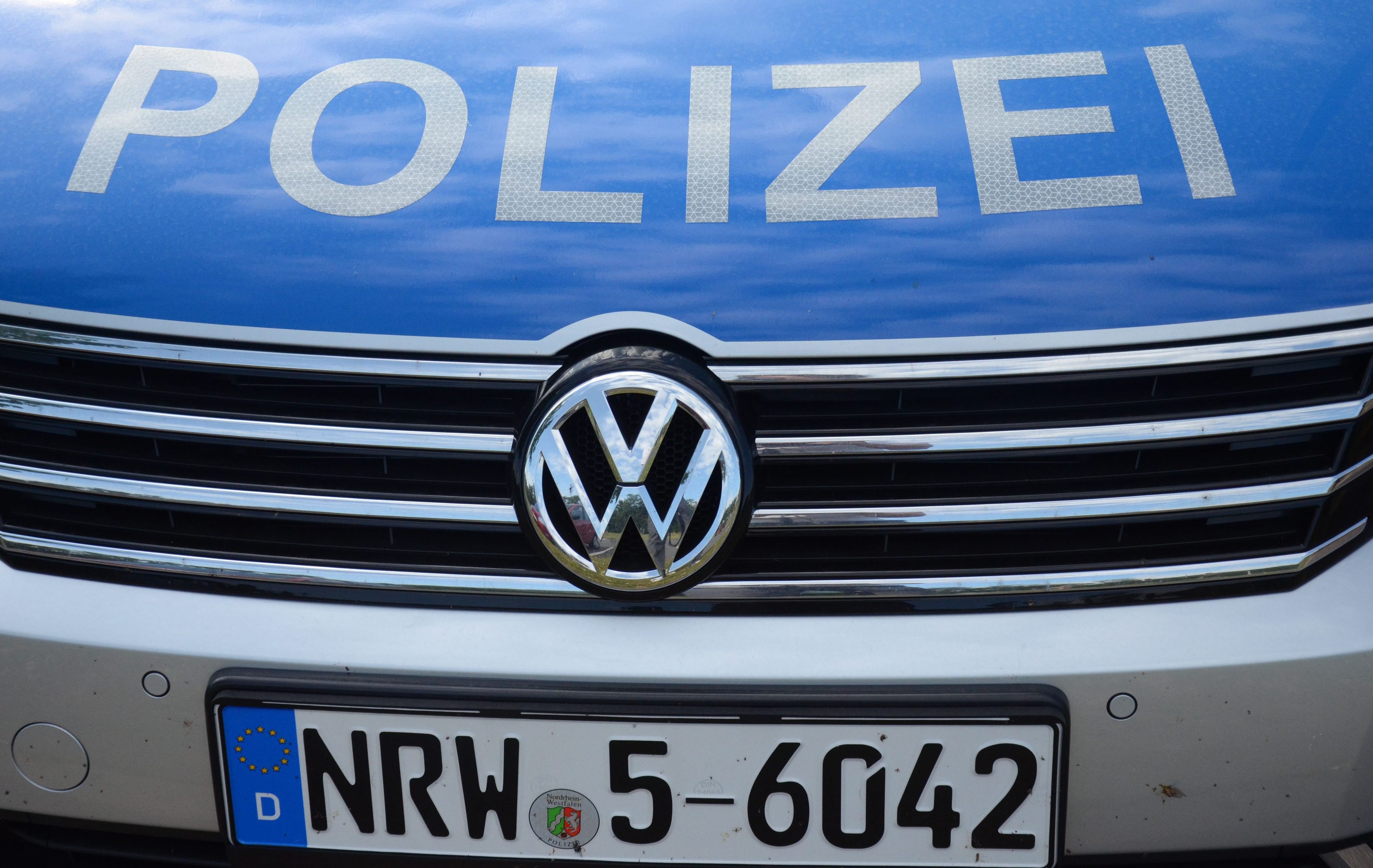 Das Foto zeigt einen Polizeiwagen von vorne.