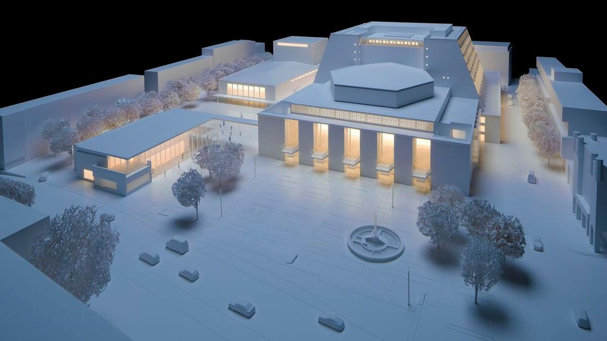 Das Architekturmodell zeigt den Offenbachplatz (vorne vor dem Opernhaus) und den Dirk-Bach-Platz (links zwischen den Gebäuden).