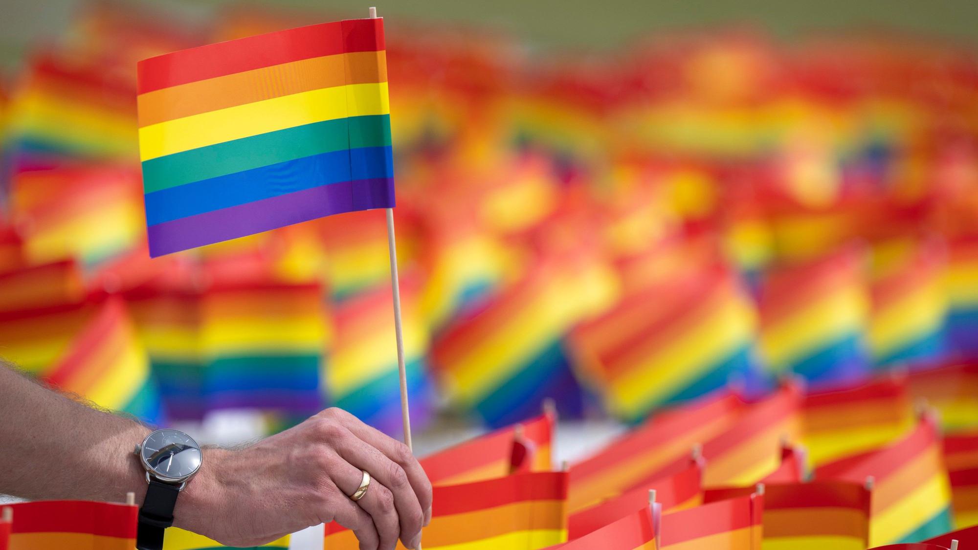 Eine Person hält eine kleine Regenbogen-Flagge, das zeichen der Pride-Bewegung. (Symbolbild)