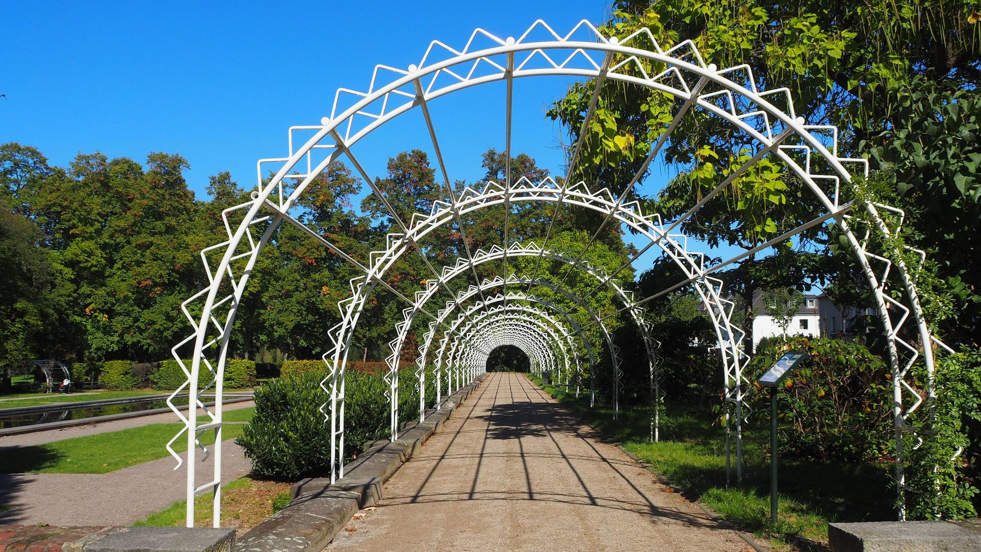 Ein weißes Rankgerüst, das einen Weg in einem Park überspannt, ist umrahmt von Bäumen.