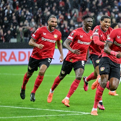 GER, Europa League, Bayer Leverkusen - Ferencvaros Budapest / 09.03.2023, BayArena , Leverkusen , GER, Europa League, Bayer Leverkusen - Ferencvaros Budapest im Bild / picture shows Edmond Tapsoba Bayer Leverkusen 12 jubelt nach seinem Tor zum 2:0. *** GER, Europa League, Bayer Leverkusen Ferencvaros Budapest 09 03 2023, BayArena , Leverkusen , GER, Europa League, Bayer Leverkusen Ferencvaros Budapest in picture picture shows Edmond Tapsoba Bayer Leverkusen 12 cheers after his goal to 2 0 nordphotoxGmbHx/xTeresaxKroeger nordphoto00008