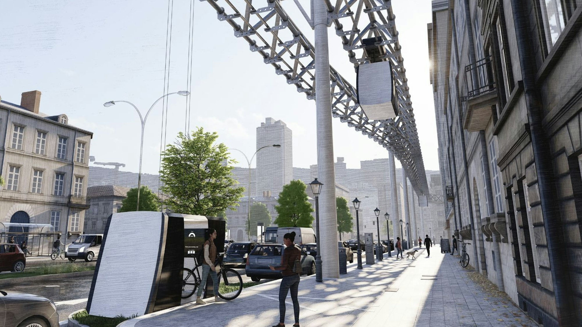 Die Gondel einer Schwebebahn ist am Boden, das Gerüst der Bahn läuft über dem Fußgängerweg her.