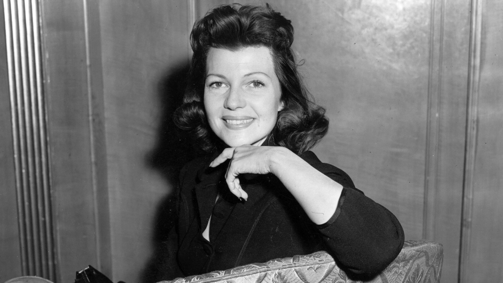 23rd April 1956:  American film actress, Rita Hayworth (1918 -1987) at the Dorchester Hotel, London.  (Photo by Monty Fresco/Topical Press Agency/Getty Images)