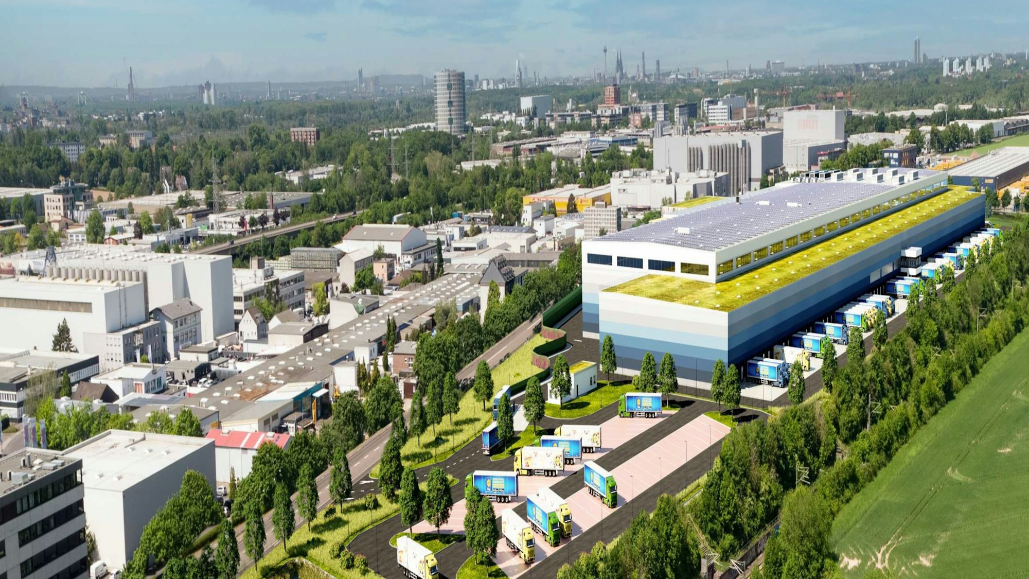 Die Visualisierung des neuen Logistikzentrums der Firma LIDL in Porz/Gremberghoven