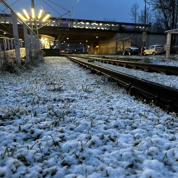 Ein Grünstreifen an der KVB-Haltestelle Amsterdamer Straße/Gürtel in Köln ist mit etwas Schnee bedeckt. In der Nacht zu Mittwoch hat es in Köln geschneit.