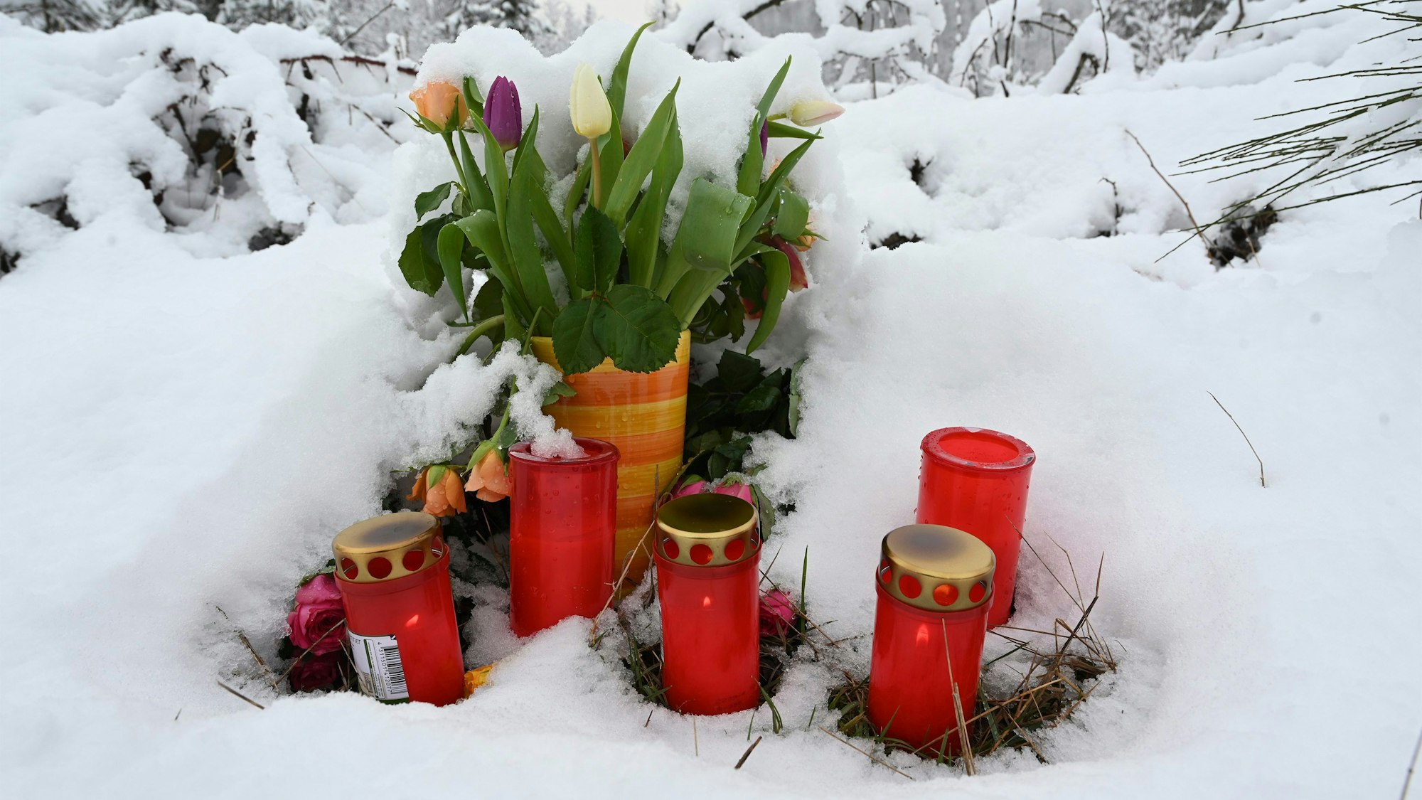 Grabkerzen und ein Tulpenstrauß stehen im Schnee, an dem Fundort des ermordeten zwölfjährigen Mädchens Luise.
