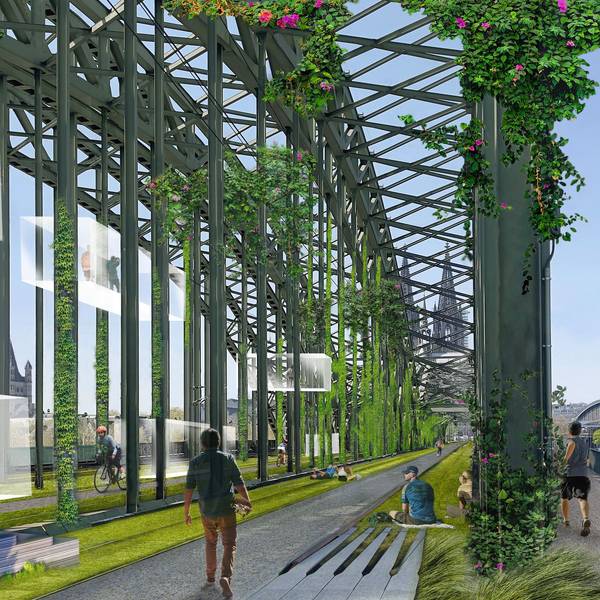 Eine Visualisierung der Hohenzollernbrücke nach der Vision der „Neuen Mitte“ und Architekt Paul Böhm als begrünter Verweilort mit Fuß- und Radwegen statt Bahngleisen.