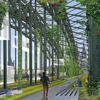 Eine Visualisierung der Hohenzollernbrücke nach der Vision der „Neuen Mitte“ und Architekt Paul Böhm als begrünter Verweilort mit Fuß- und Radwegen statt Bahngleisen.