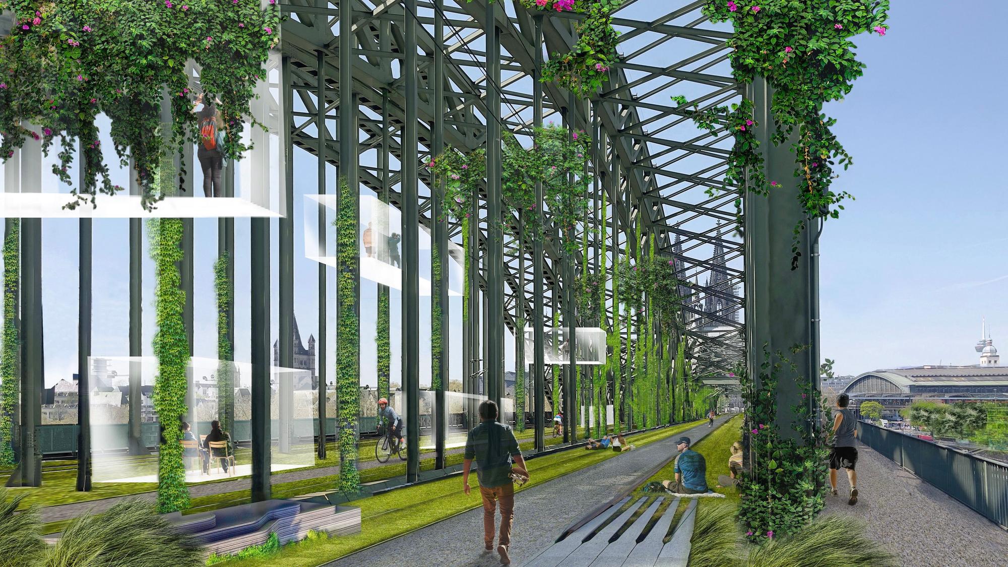 Eine Visualisierung der Hohenzollernbrücke nach der Vision der „Neuen Mitte“ und Architekt Paul Böhm als begrünter Verweilort mit Fuß- und Radwegen statt Bahngleisen.