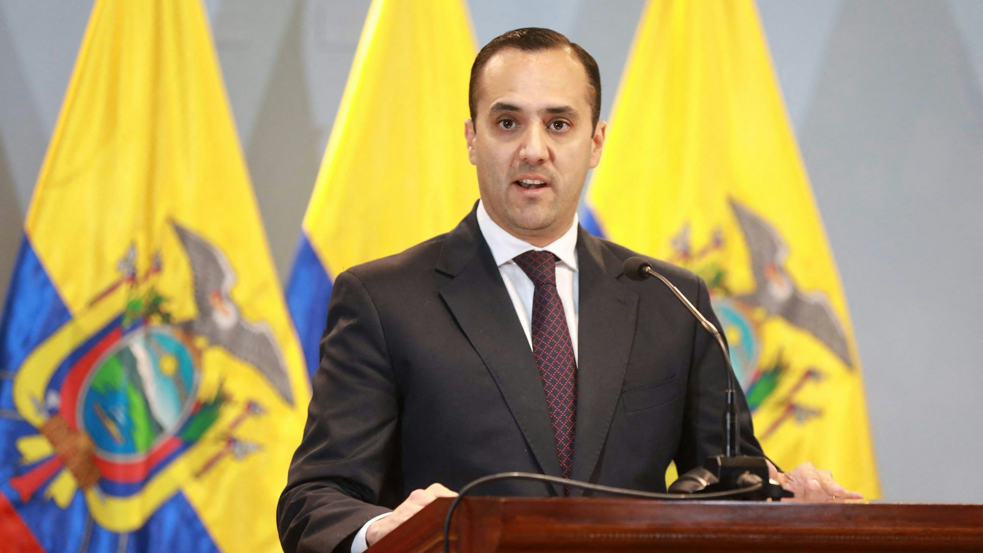 Ecuadors Außenminister Juan Carlos Holguin äußert sich vor Staatsflaggen auf einer Pressekonferenz.