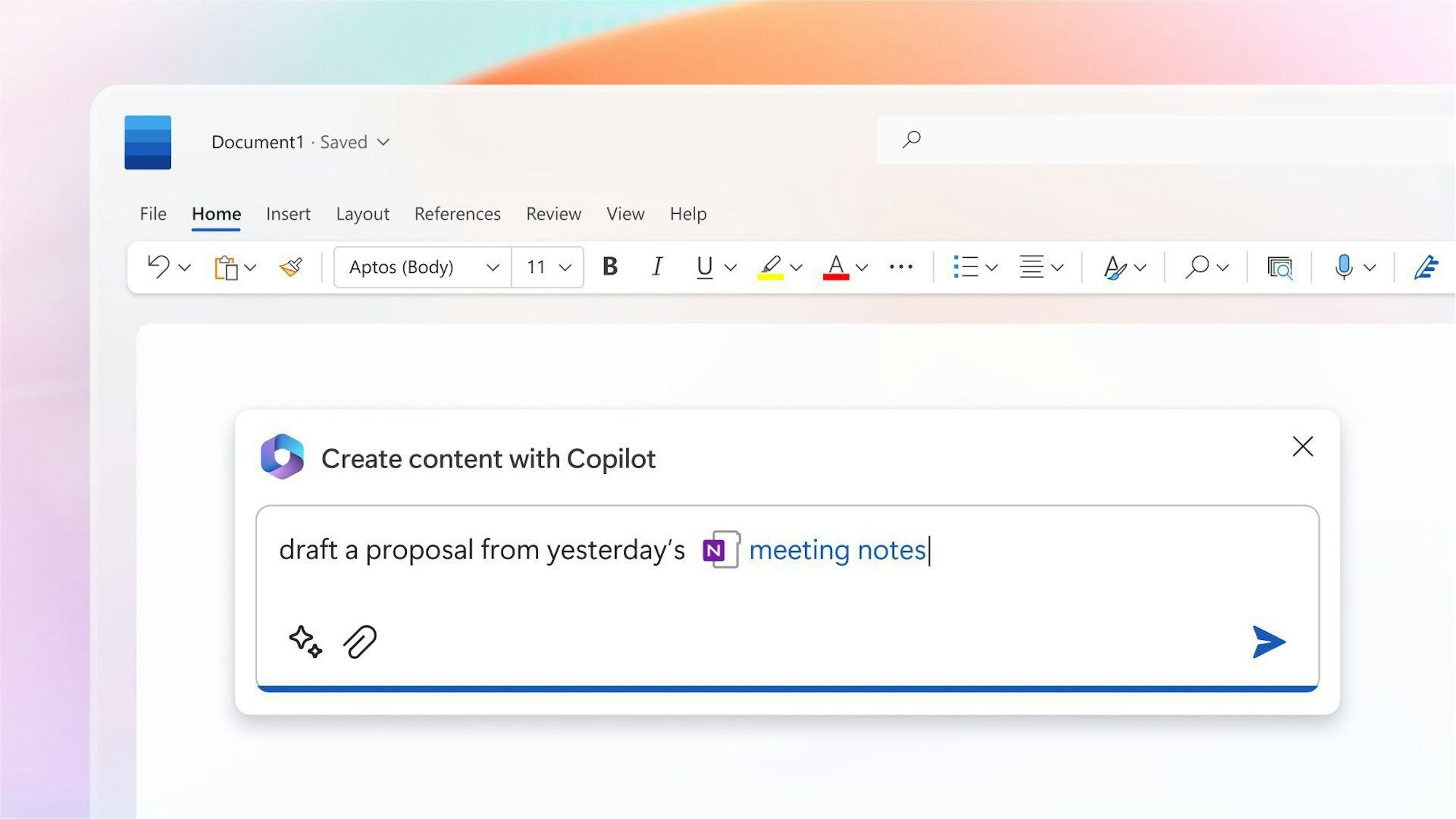 Das von Microsoft zur Verfügung gestellte Bild zeigt, wie „Microsoft 365 Copilot“ beim Verfassen eines Textes aus Notizen in Word helfen kann.