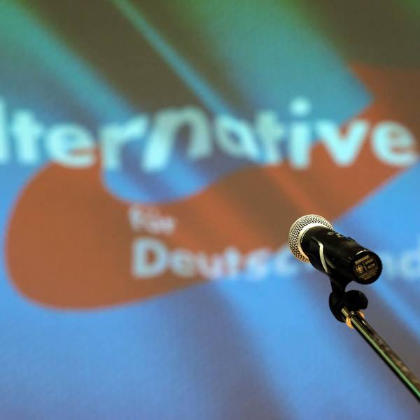 Ein Mikrofon vor einem Banner der AfD