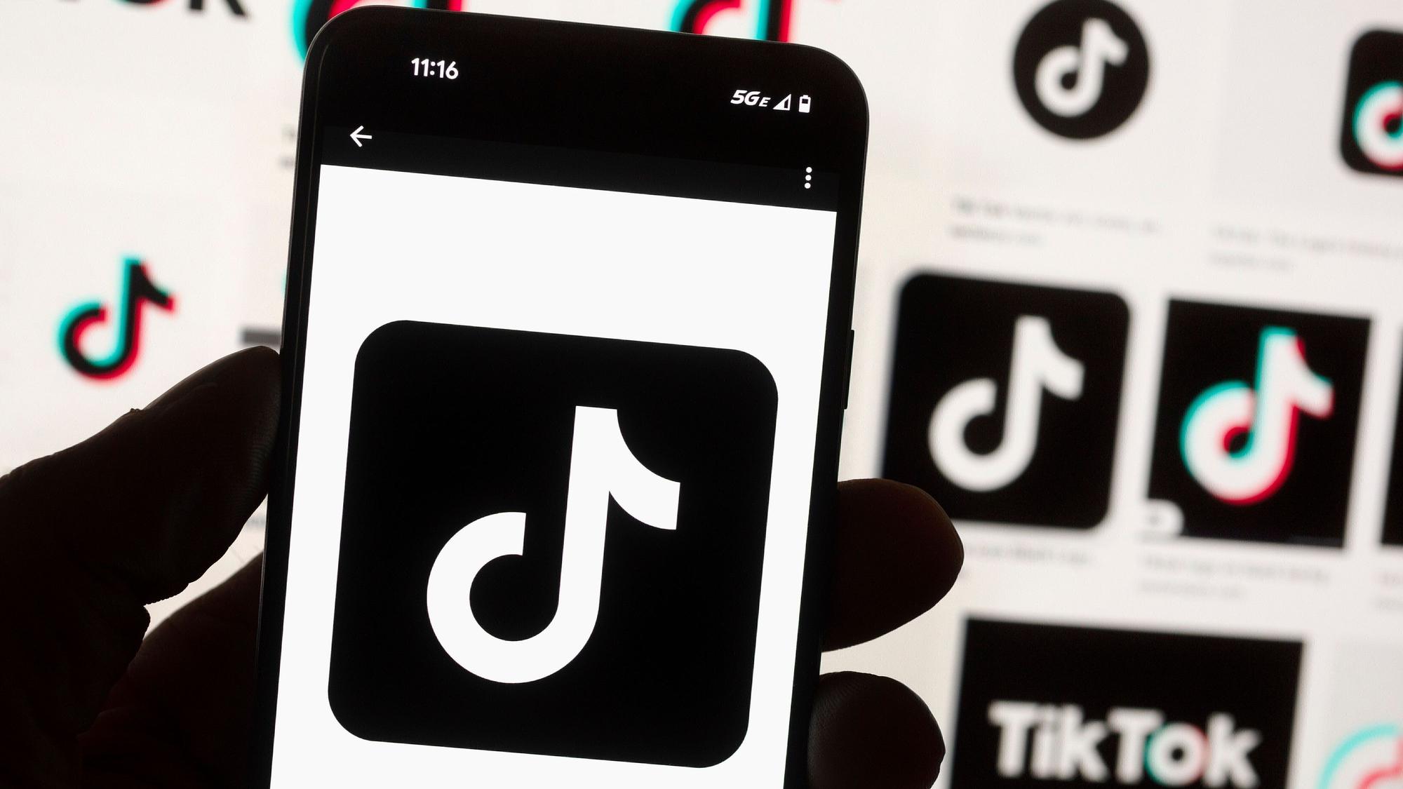 Das TikTok-Logo ist auf einem Mobiltelefon zu sehen.