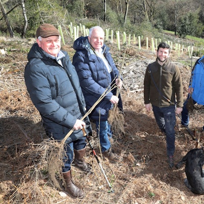 Die Beteiligten des Projekts stehen auf einer Waldfläche.