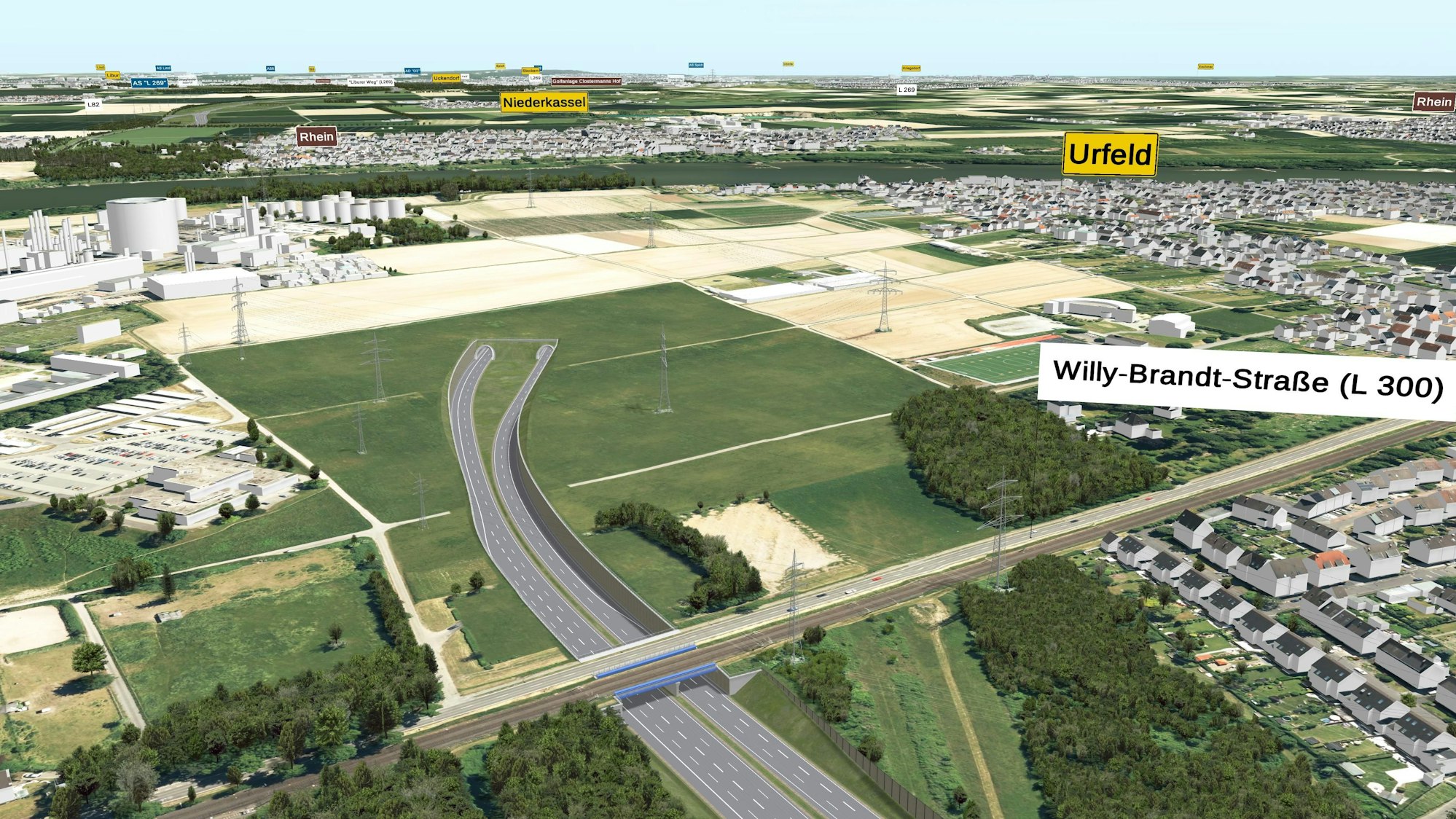 Eine 3D-Visualisierung zeigt, wie die Rheinquerung als Tunnel bei Wesseling-Urfeld aussehen könnte. Ein Tunnel führt zwischen Urfeld und Shell unter den Rhein.