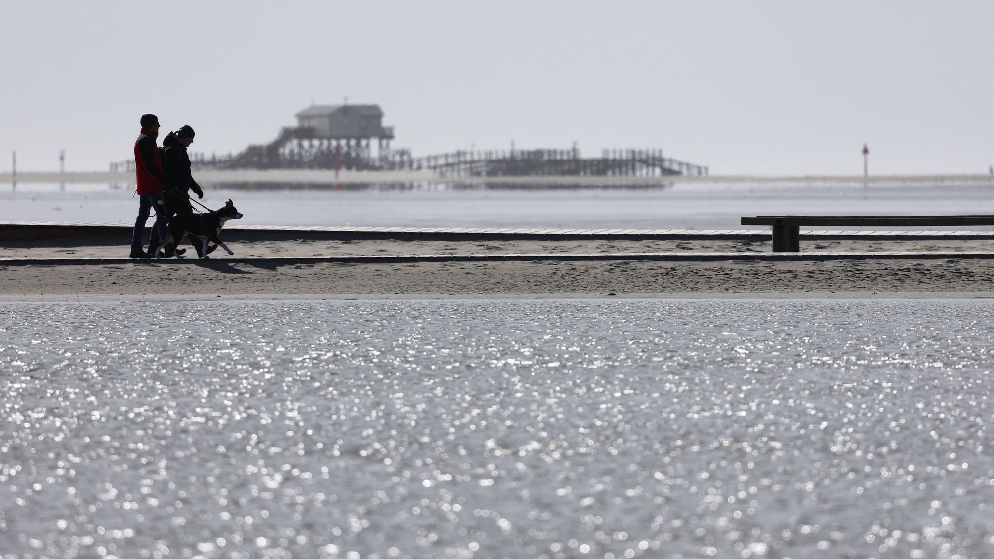 Menschen sind bei Sonnenschein und kühlem Wind am Nordseestrand unterwegs.