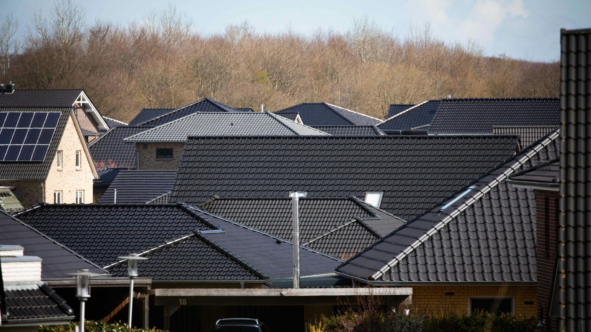 Verschiedene Häuser einer Wohnsiedlung mit Einfamilienhäusern und Doppelhäusern in einem Wohngebiet am Rande von Schleswig. uhe zum «Beschlusszwang»") Foto: Christian Charisius/dpa +++ dpa-Bildfunk +++
