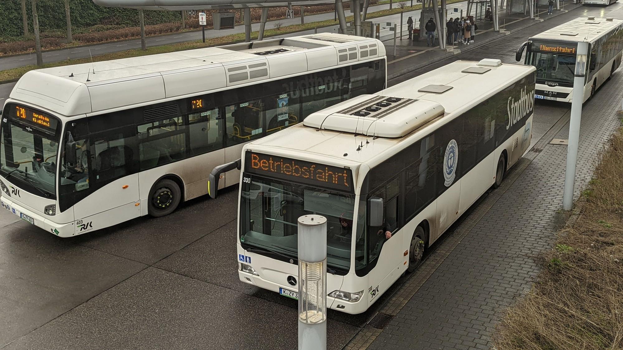 Auf dem Foto sind drei weiße Stadtbusse am Busbahnhof in Hürth-Mitte zu sehen.