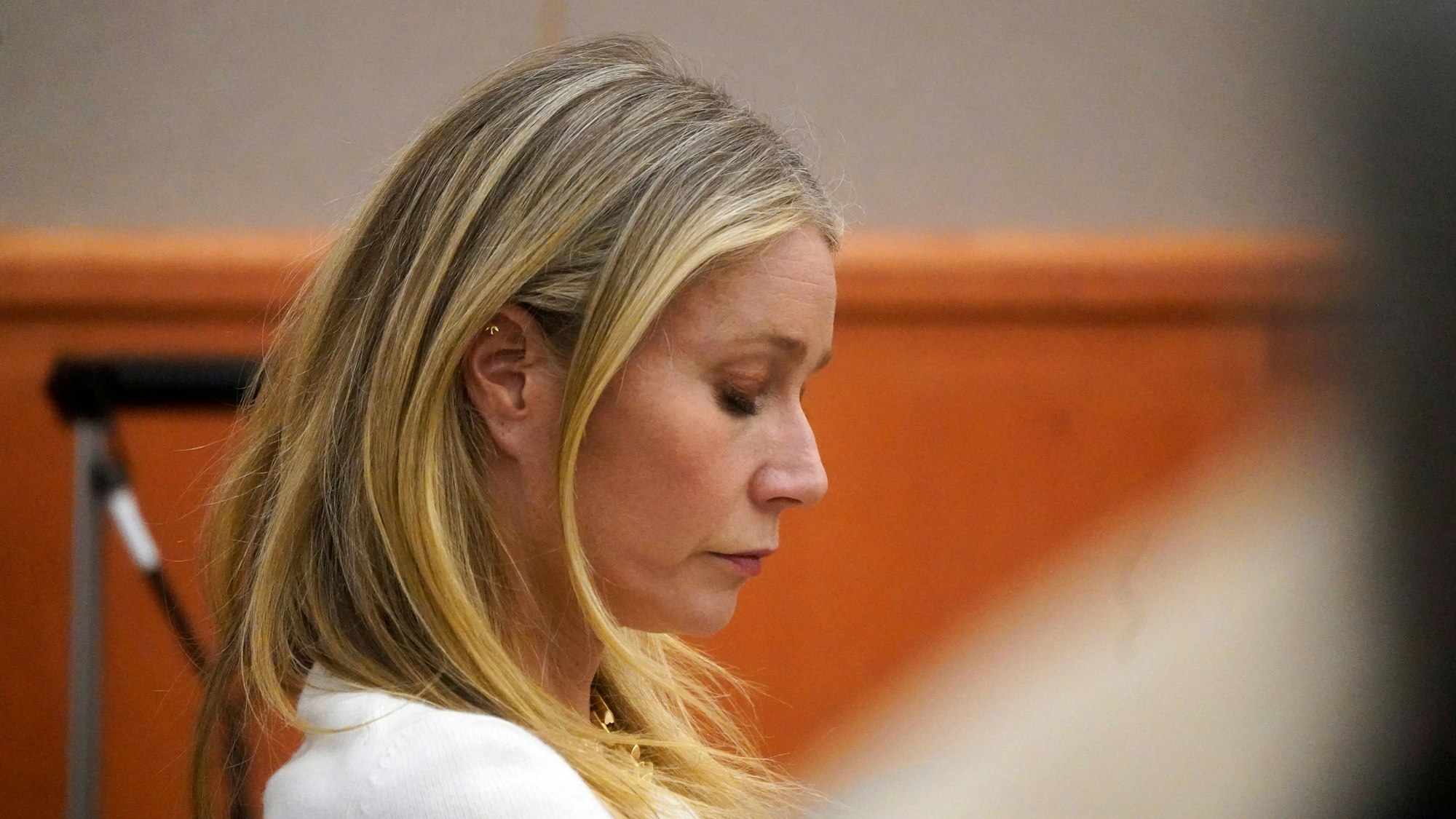 Gwyneth Paltrow sits in court, Wednesday, March 22, 2023, in Park City, Utah. Paltrow is accused of injuring another skier, leaving him with a concussion and four broken ribs. (AP Photo/Rick Bowmer, Pool)