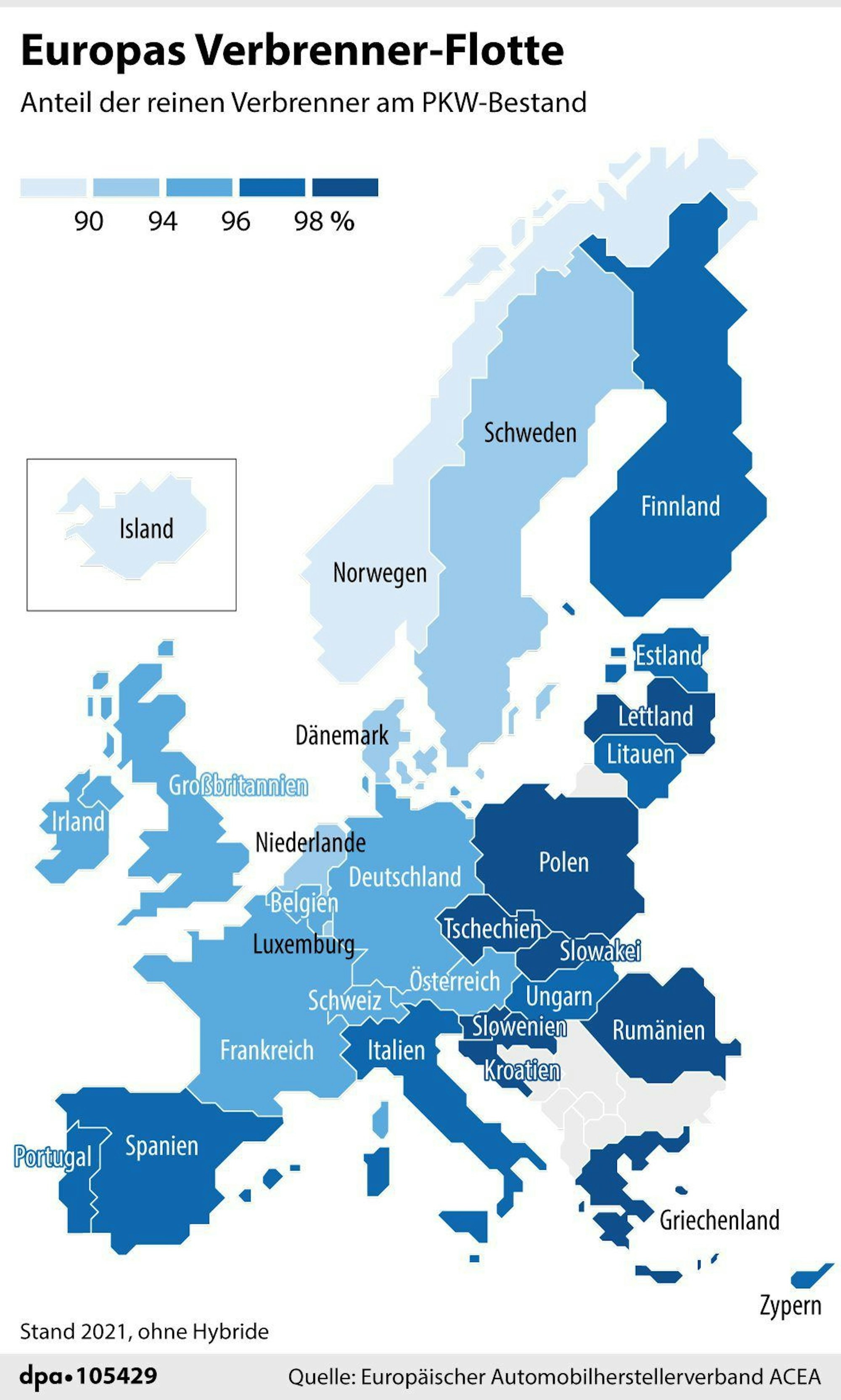 Eine Karte der EU, auf der der Anteil der Verbrenner pro Land farbig angeteigt wird.