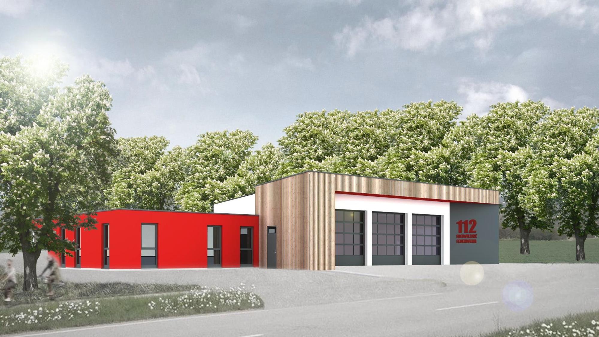 Visualisierung des neuen Gerätehauses mit drei Toren und einem Anbau.