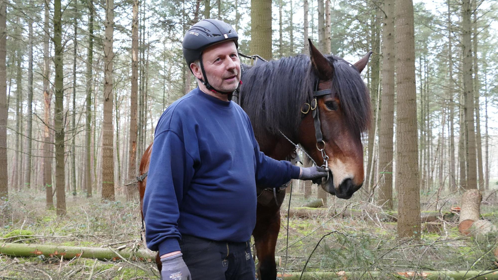 Das Rückepferd und sein Besitzer im Portrait.