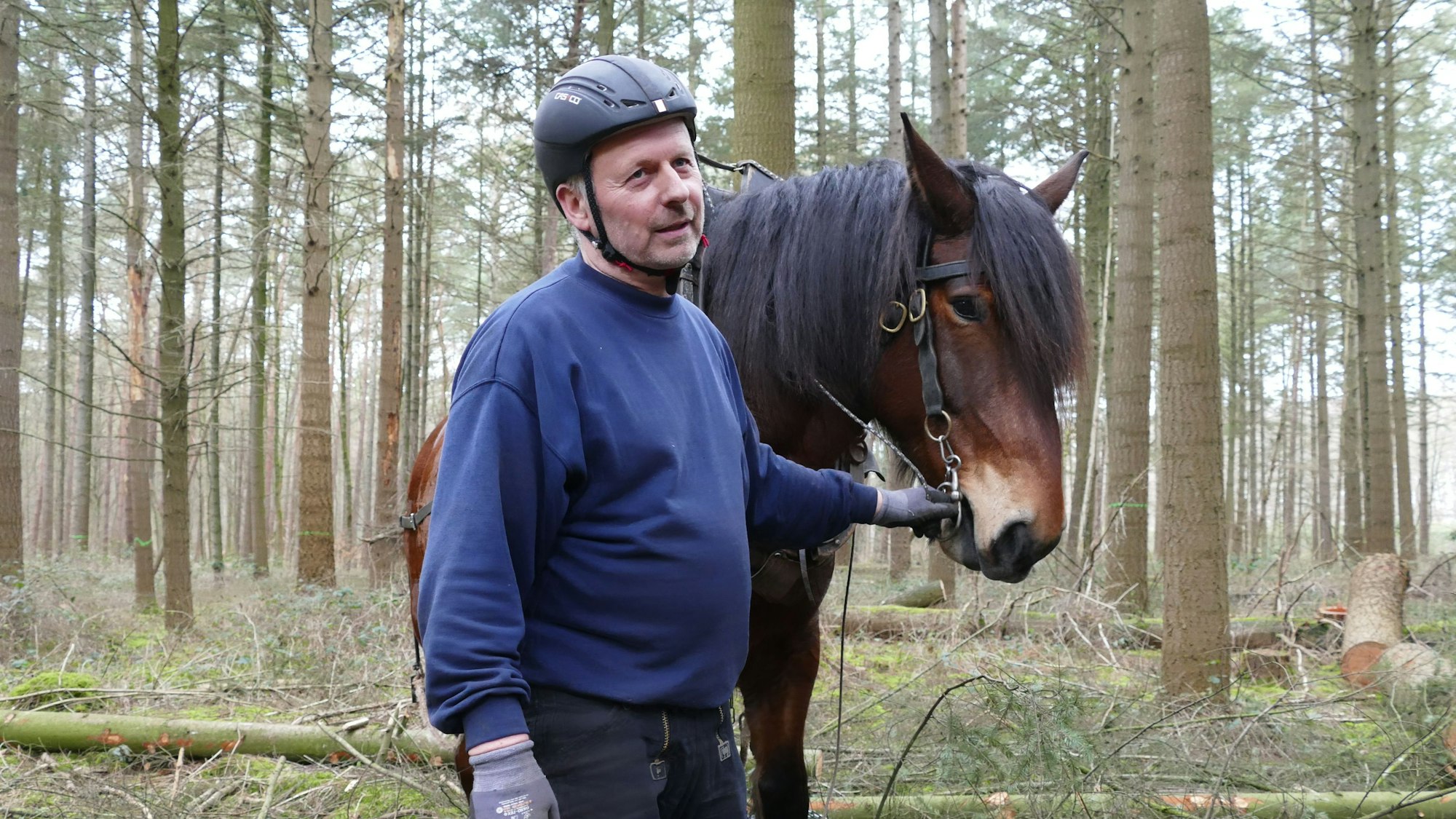Das Rückepferd und sein Besitzer im Portrait.