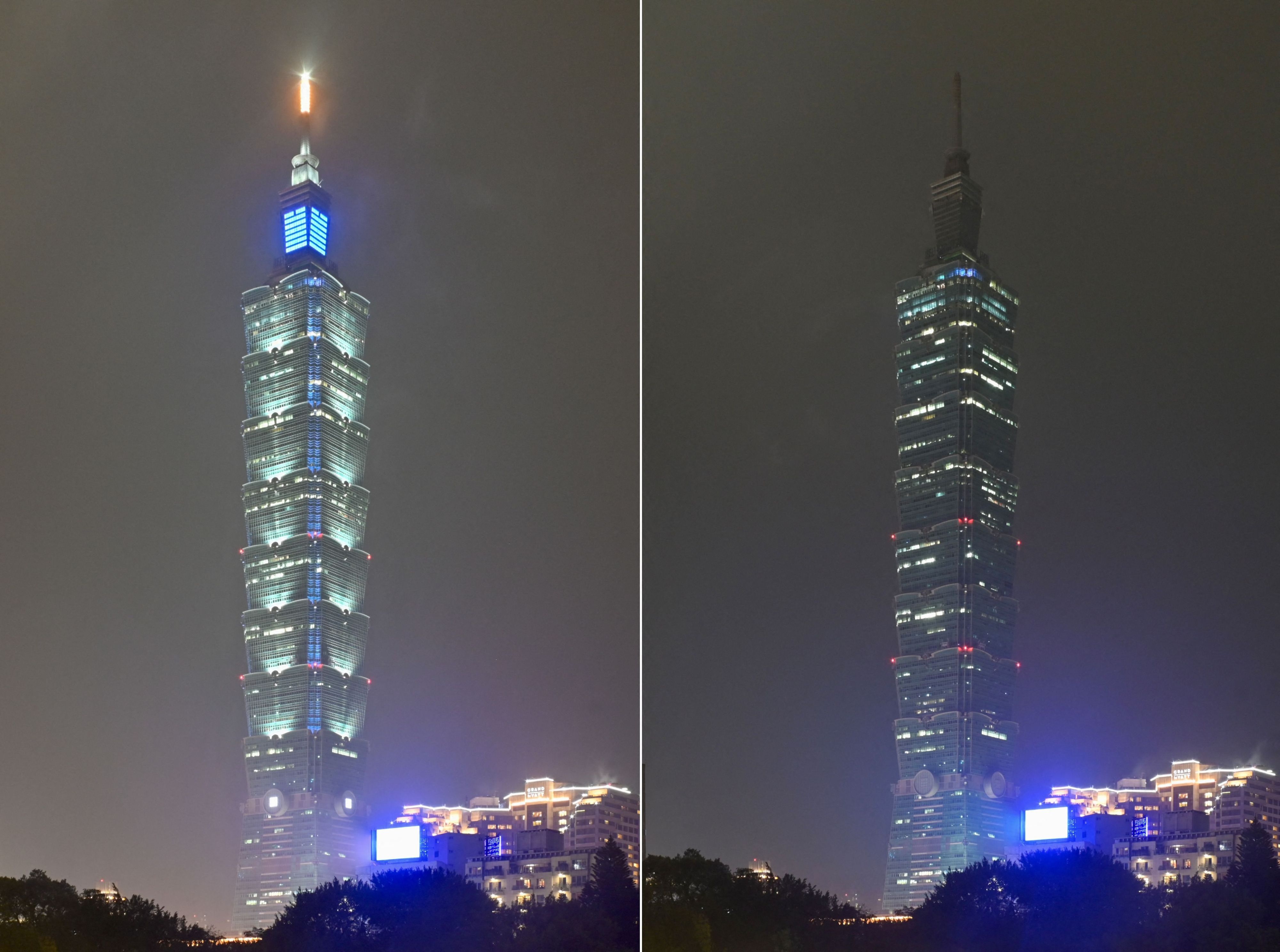 (COMBO) This combination of photographs shows Taipei 101, a 508-meter high commercial building, with the lights on and turned off during the Earth Hour environmental campaign in Taipei on March 25, 2023. (Photo by Sam Yeh / AFP)