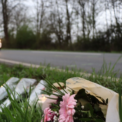 Mehrere Blumensträuße liegen neben einer Straße im Gras.