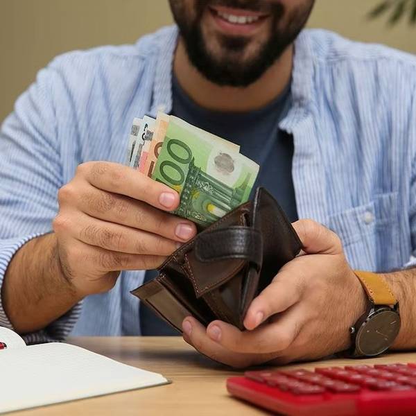 Mann zieht Euro Geldscheine aus der Geldbörse.