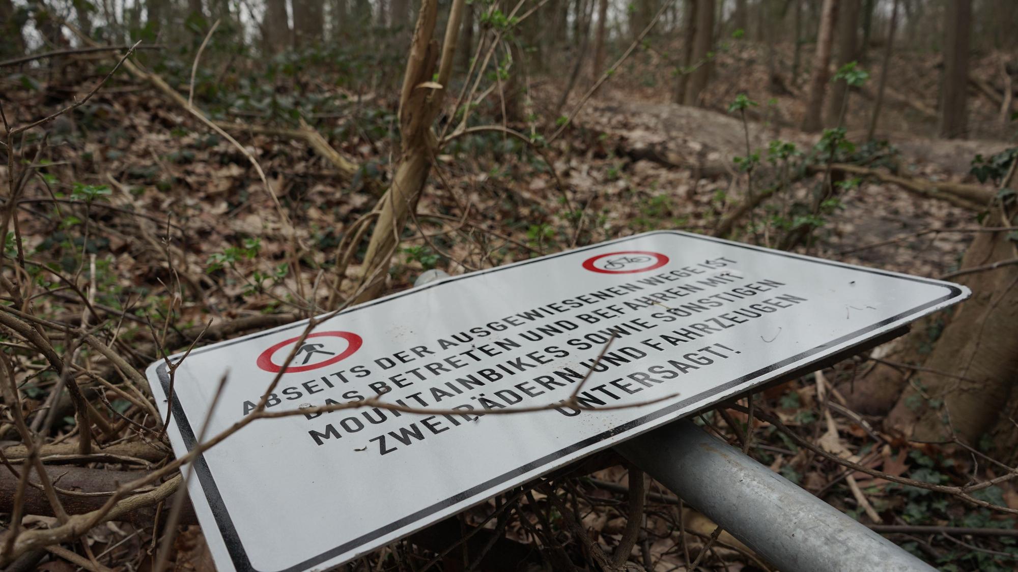 Ein Verkehrsschild liegt auf dem Waldboden.
