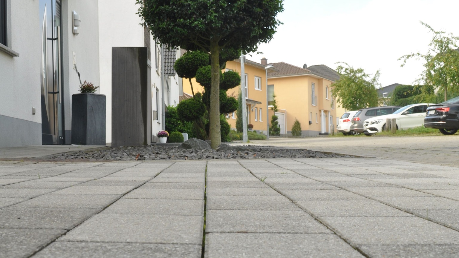 Einfamilienhäuser stehen an einer ruhigen Straße.