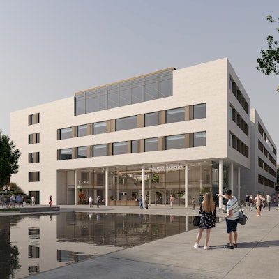 Die Grafik zeigt das moderne Rathaus mit einer quadratischen Wasserfläche auf dem Vorplatz und flanierenden Bürgern.