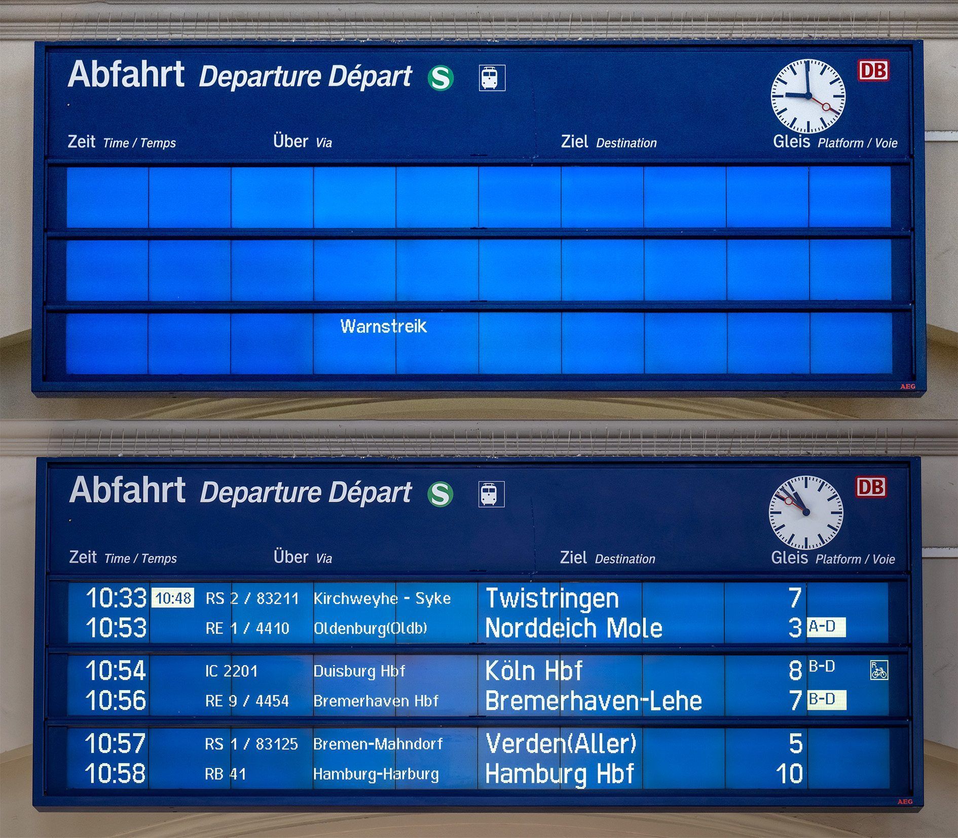 Anzeigentafeln am Bremer Hauptbahnhof während der Streiks am 27.3 (oben) und am 28.3. (unten).