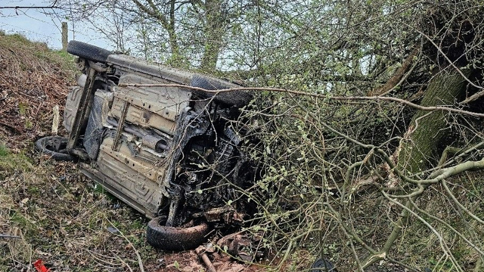 Ein Auto liegt auf der Seite in einem Gebüsch. Im Hintergrund ist ein Zaun an einer Straße zu sehen.