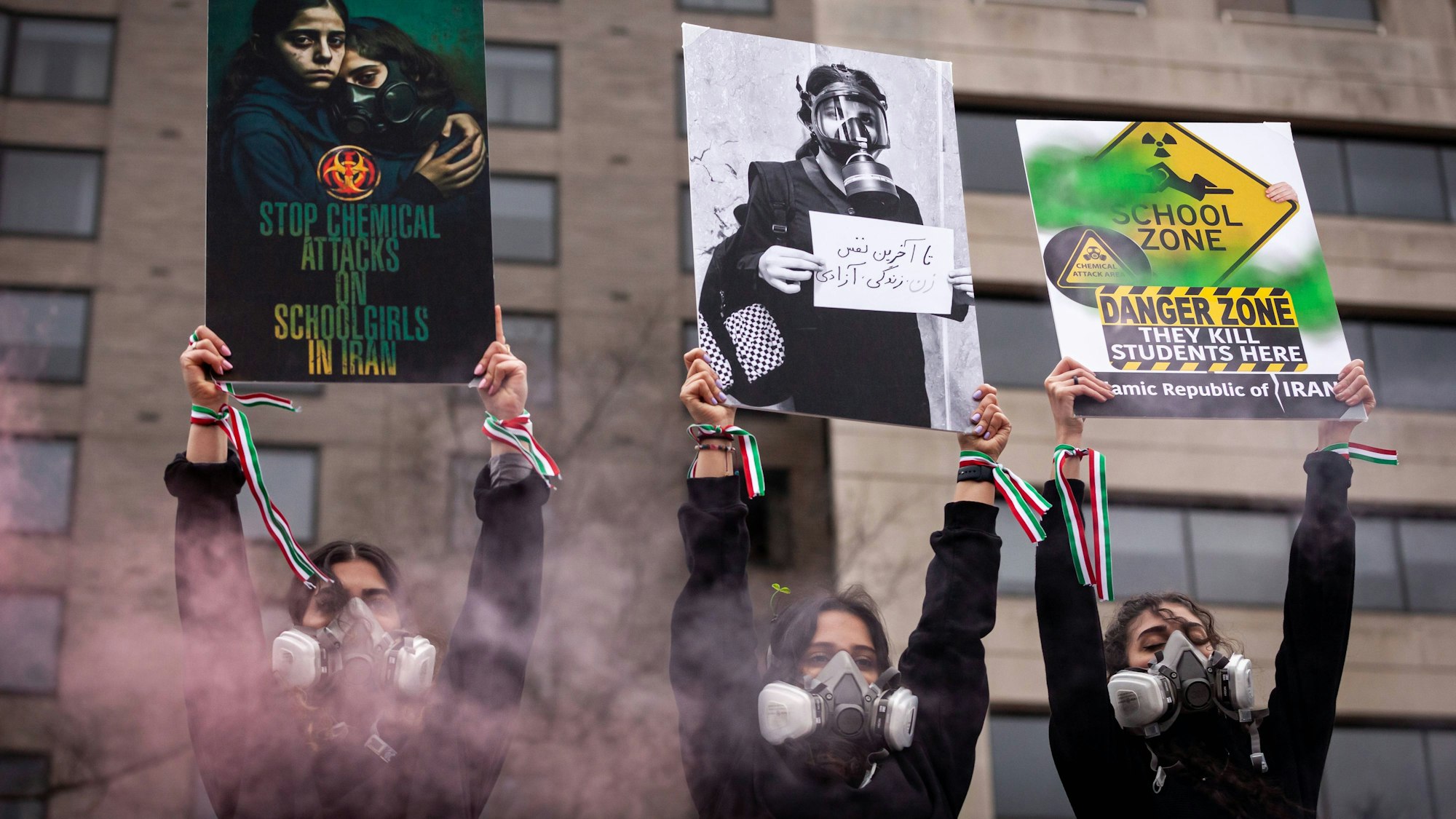 Frauen protestieren beim „Global Womens March“ in Washington, D.C., gegen die Giftgasangriffe auf Schulmädchen im Iran.