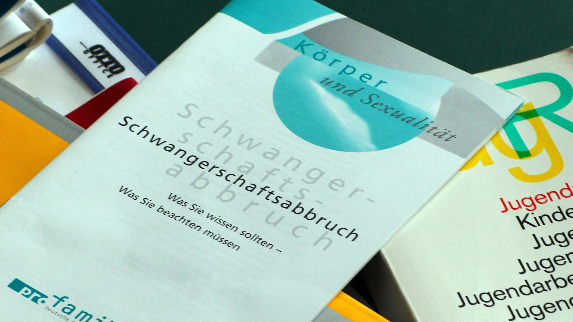 Bücher und Informationshefte zu Schwangerschaftsabbrüchen liegen in einem Raum.