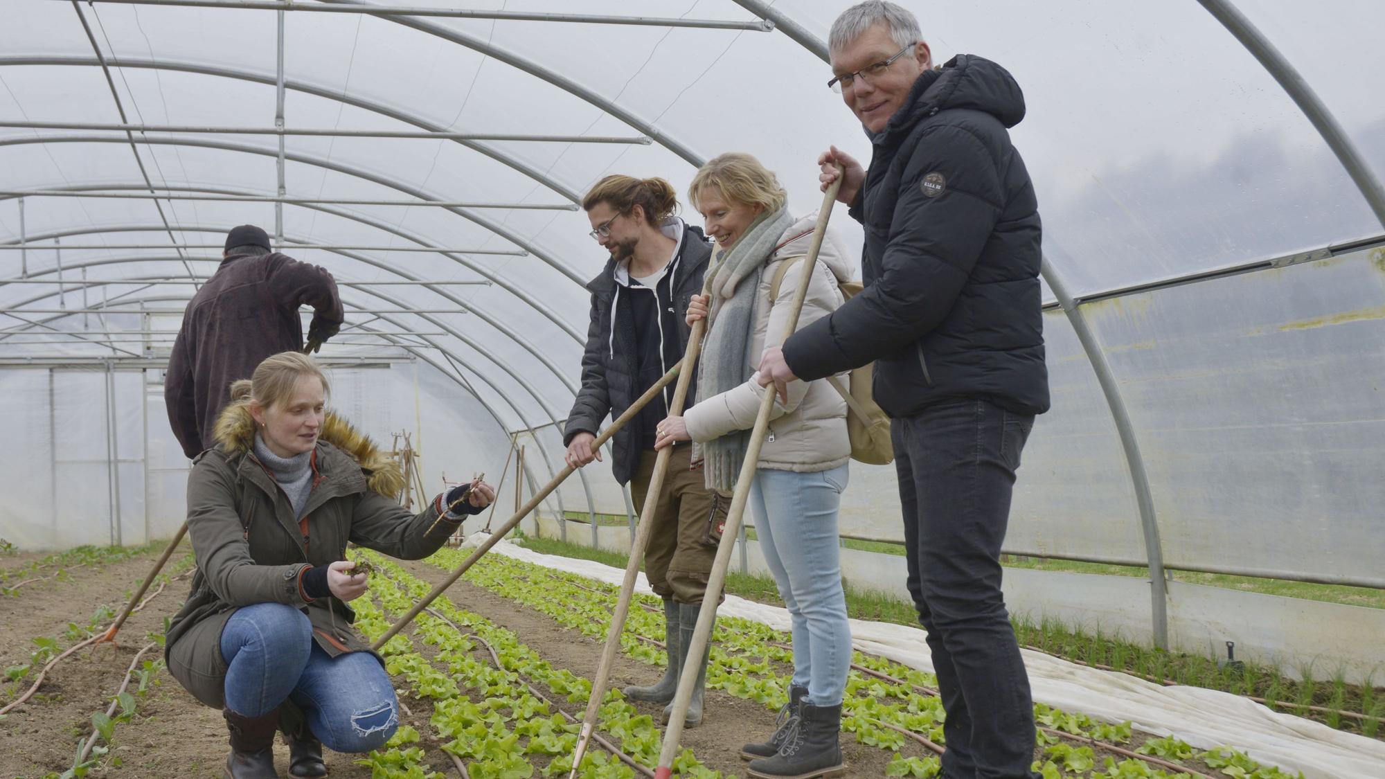 Wipperfürth, Kremershof, 1-Euro-Kraft Sascha Hilbig erhält Arbeitsvertrag. Gerhard Kürten, Sabine Buchheim, Patrick Beyer, Kamila Andrys und Sascha Hilbig (v.r.)