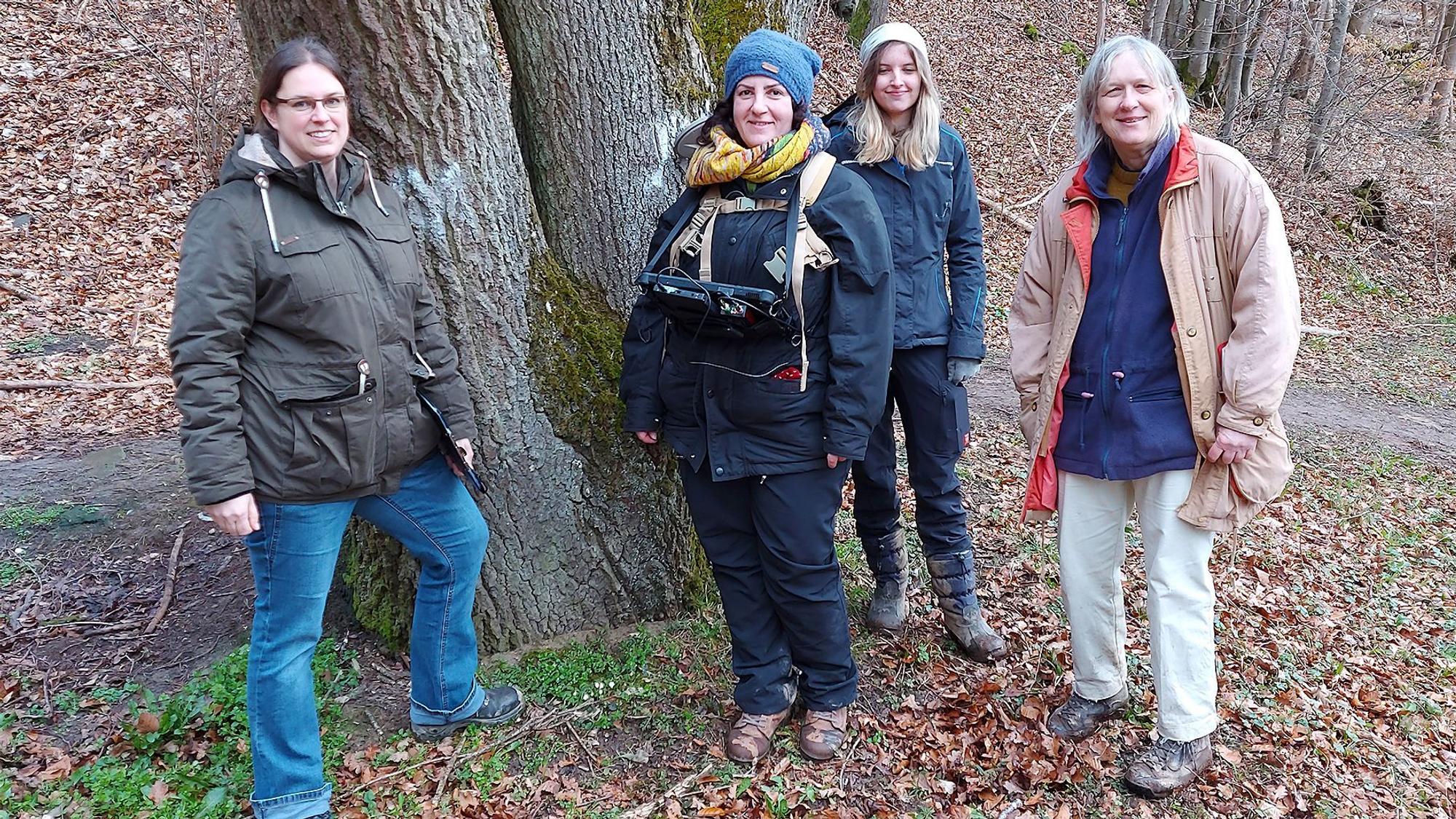 Vier Frauen sind im Wald unterwegs, um Bäume zu vermessen.