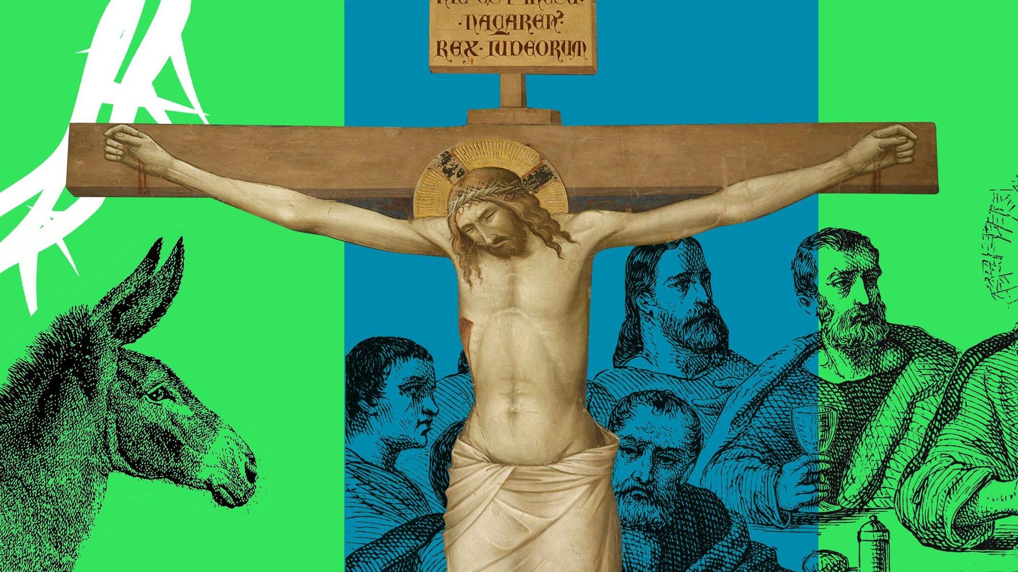 Ein Bild von Jesus am Kreuz, im Hintergrund die Umrisse eines Esels und der Jünger beim letzten Abendmahl