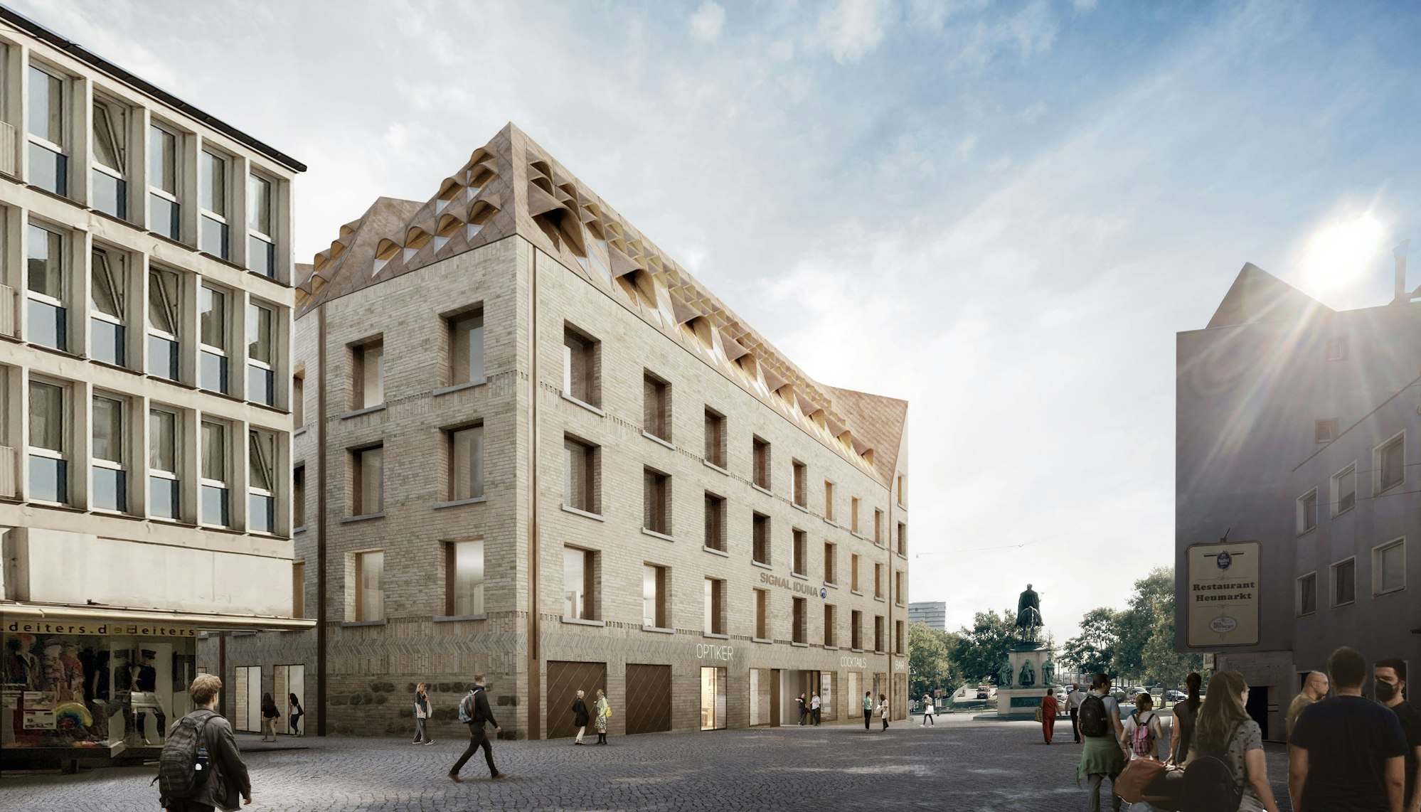 Mit seiner lamellenartigen Struktur ist der Entwurf des Berliner Architekten besonders mit der Blickrichtung aus der Gürzenichstraße ein Blickfang.