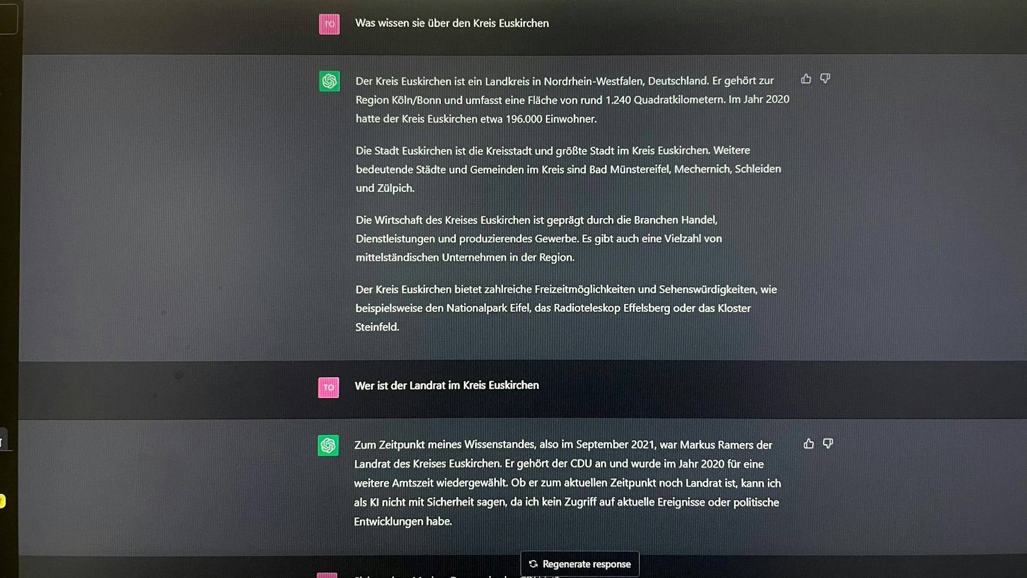 Screenshot der Künstlichen Intelligenz ChatGPT