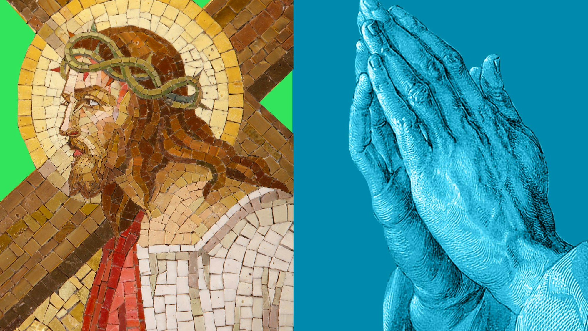 Jesus trägt sein Kreuz und gefaltete Hände